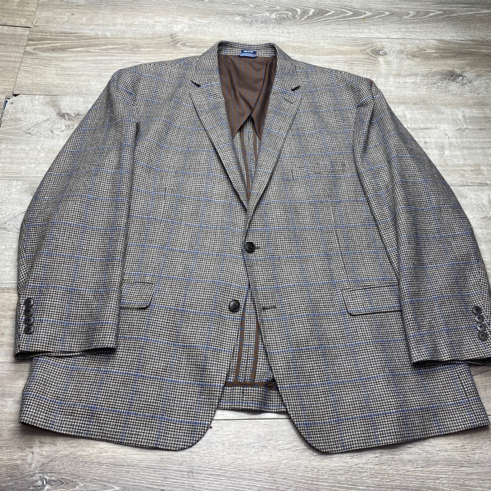 Crown & Ivy Blazer Mens 52R Houndstooth Blue Windowpane Sport Coat Brown Tan
